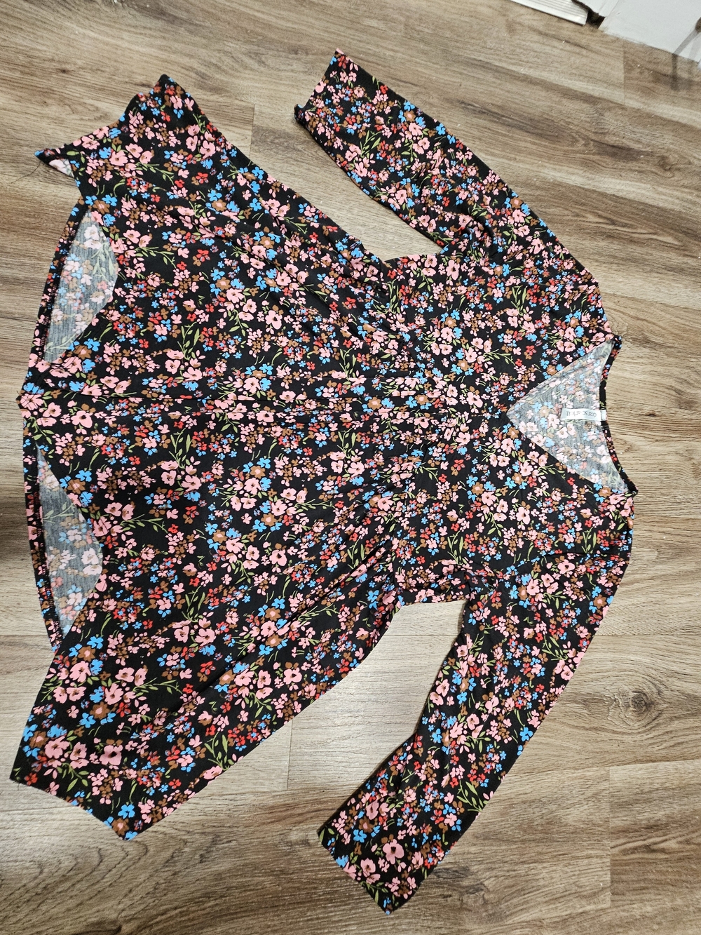 Floral V-Neck Romper in Black with Pink & Blue Flowers